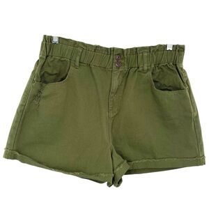 A Loves A Olive Green High Waisted Paperbag Elastic Waist Denim Shorts